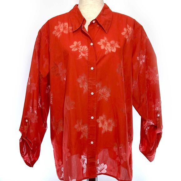 Liz Claiborne 18W Burnout Floral Orange Button-Up Top - Picture 1 of 8